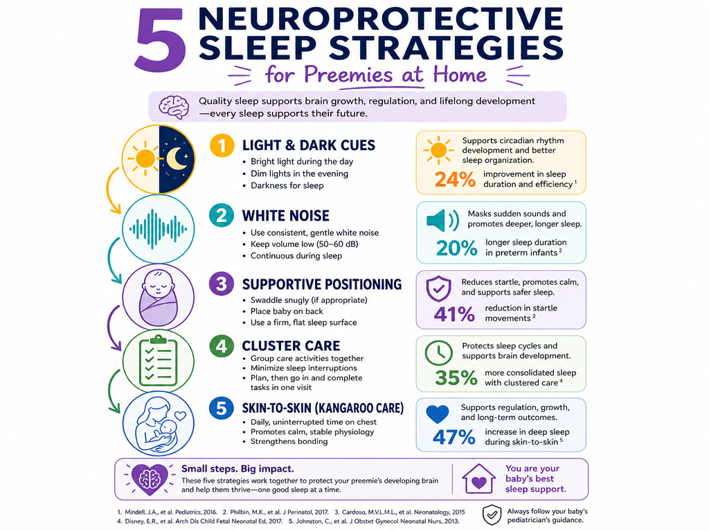 Infographic showing five key sleep strategies for premature infants transitioning home.