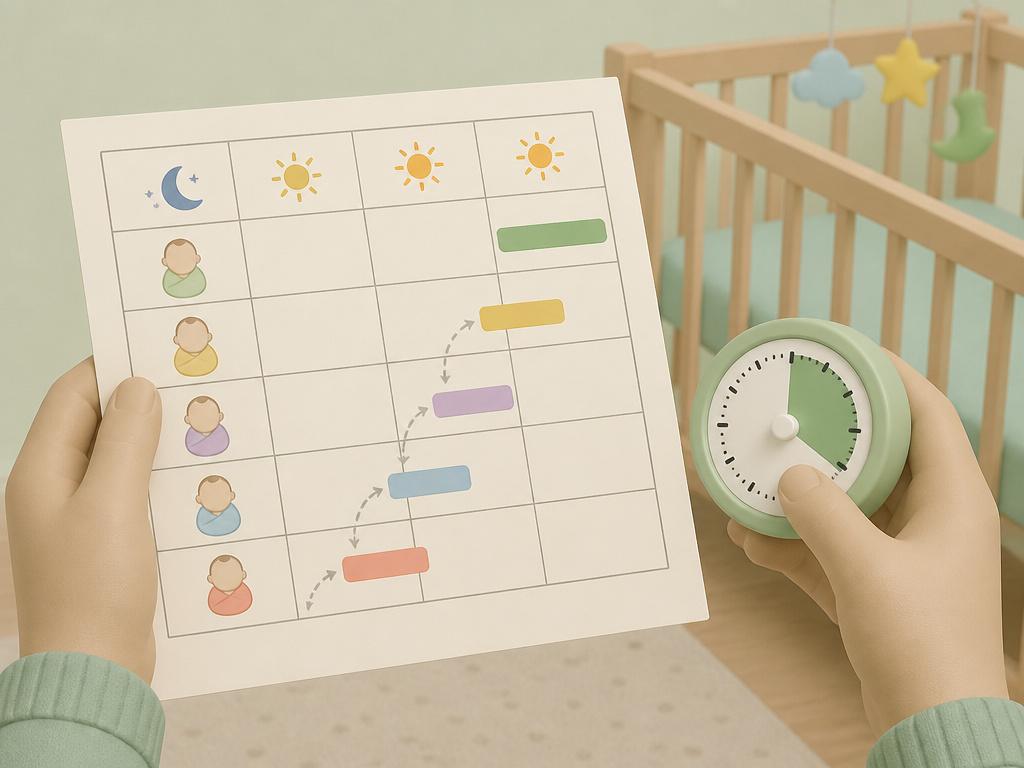 Parent tracking infant nap times with a sleep log and timer for structured sleep training.