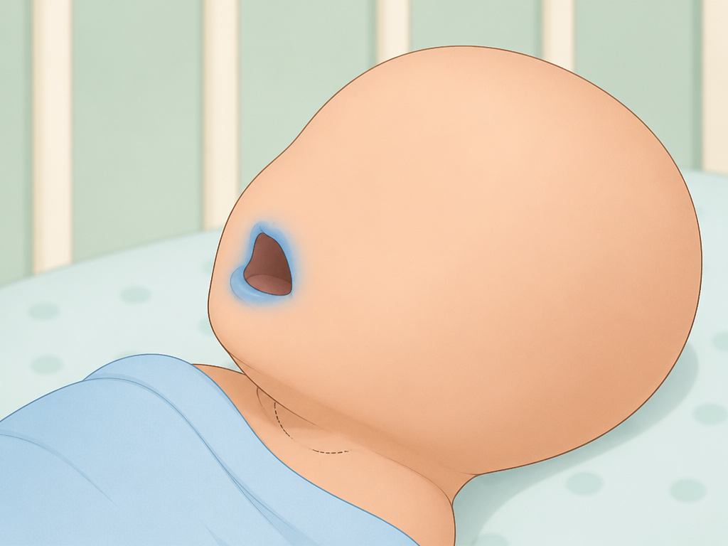 Newborn sleeping with mouth open showing retractions and concerning blue lip tint.