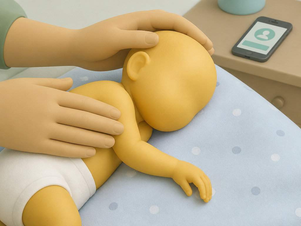 Parent attempting to wake a lethargic newborn with jaundice for medical evaluation.