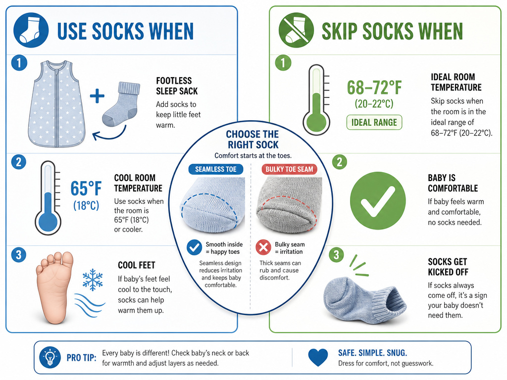 Infographic on when newborns should and should not sleep with socks.