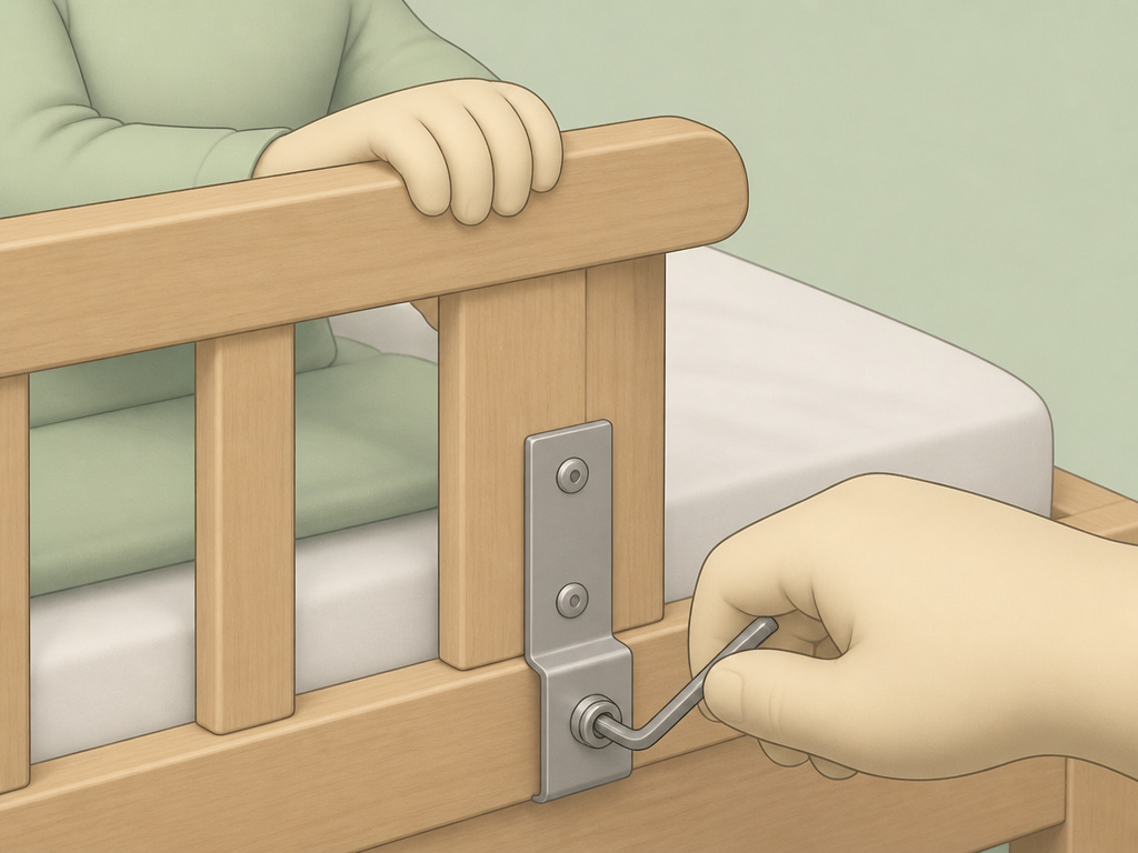 Close-up of securing a toddler bed rail to prevent nighttime escapes.