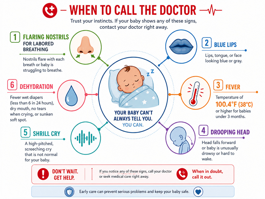 Infographic listing medical red flags for a sleepless newborn requiring a pediatrician.