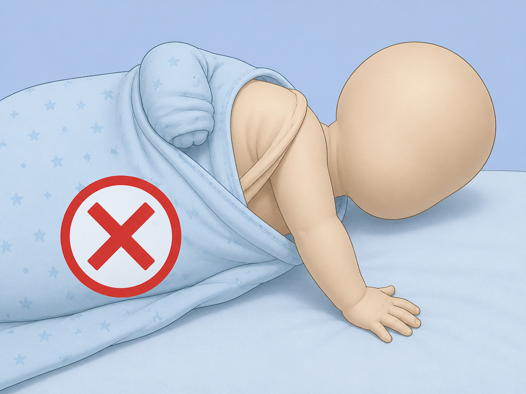 Baby rolling onto side while swaddled, demonstrating when to stop swaddling for safety.