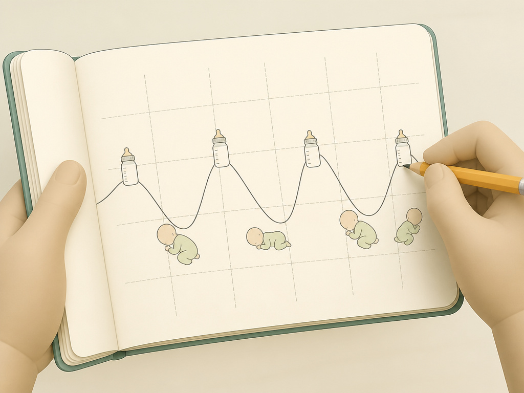 Hand-drawn chart tracking a newborn's varied daily sleep and feeding patterns.